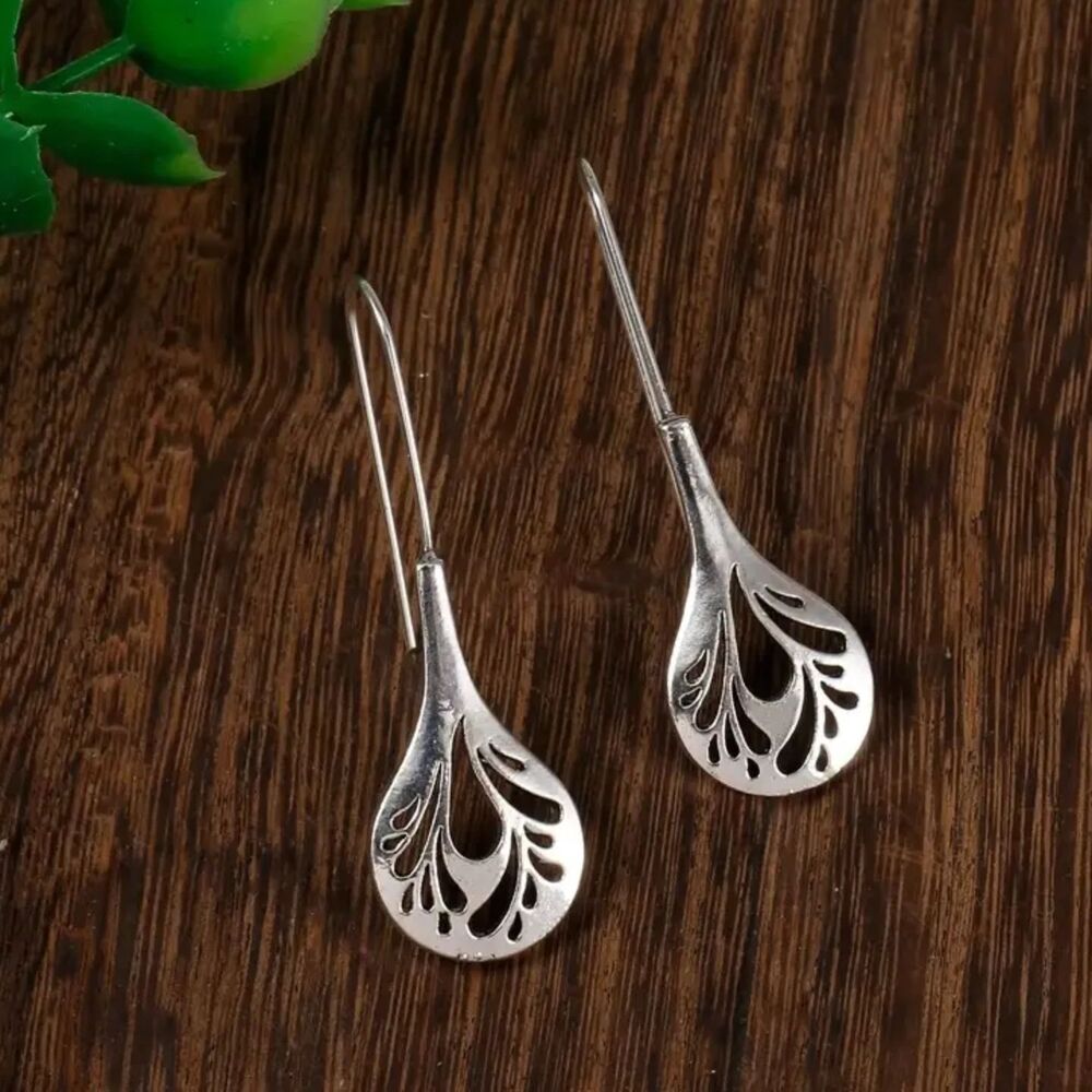 Silver Teardrop Open Leaf Drop Earrings Long Hook Theader Dangle Boho Handmade